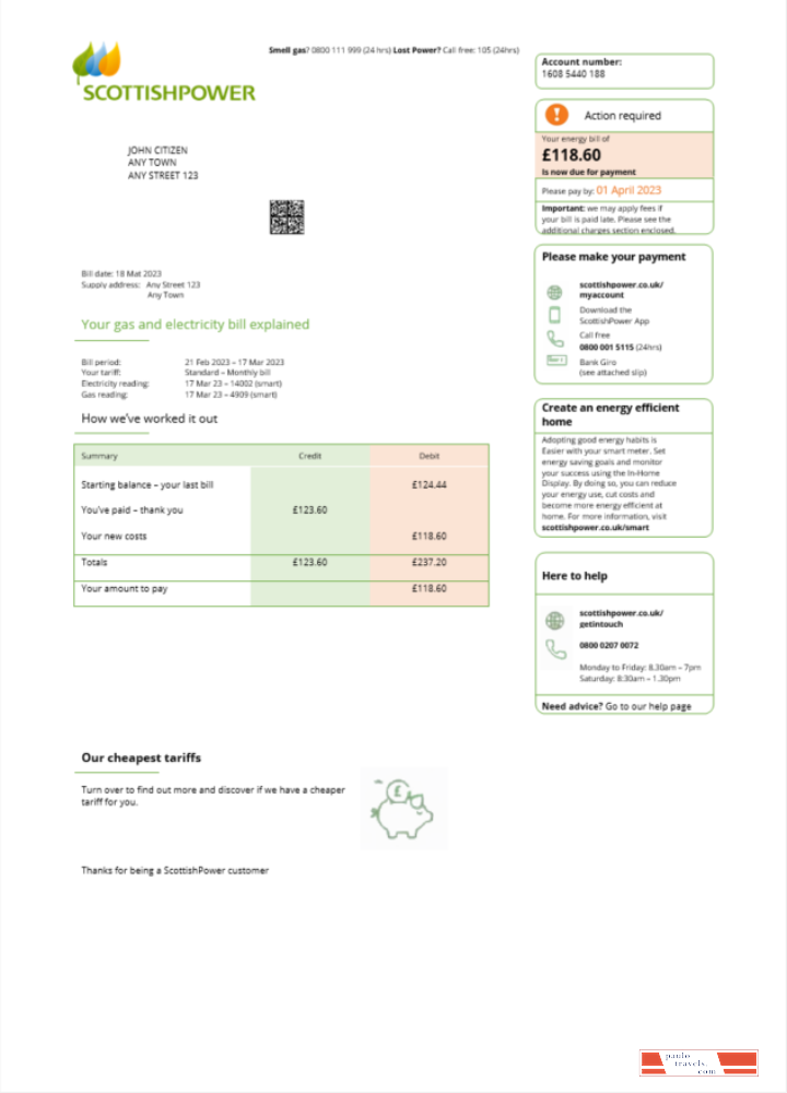 United Kingdom Scottish Power utility bill Word and PDF template scr